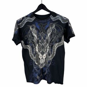Mens Y2K Xzavier All Over Print Horn Logo Grunge Goth Graphic Shirt Size S